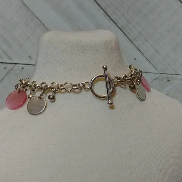 Pink and Silver Toned Circular Dangle Costume Jewelry Toggle Bracelet - Picture 2 of 4